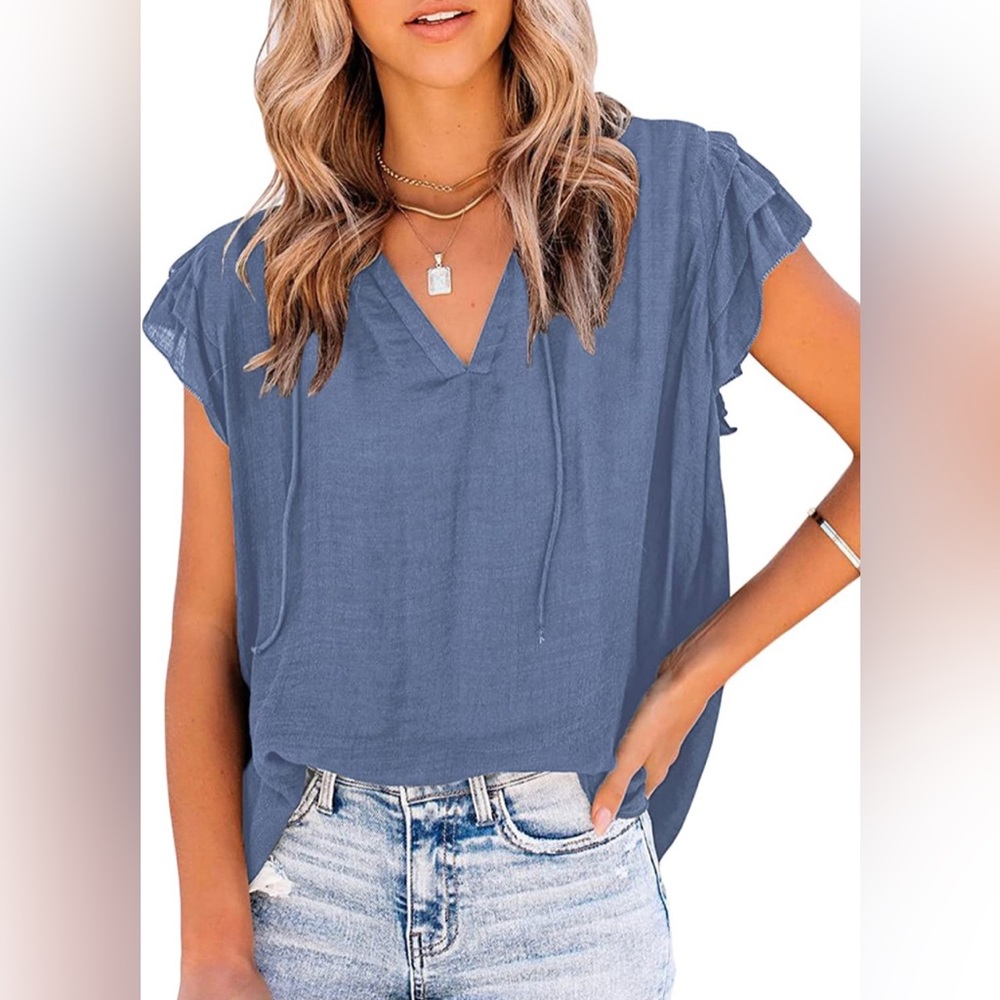 Women's Casual Boho V Neck Tops Drawstring Short Sleeve T Shirt Blouse